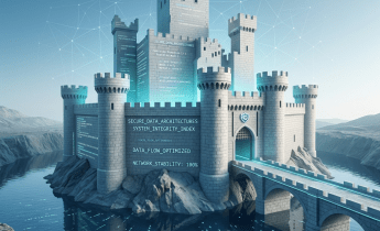 Castle made of digital code blocks cracking and breaking apart over water