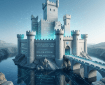 Castle made of digital code blocks cracking and breaking apart over water