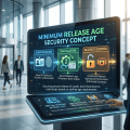 Screen reading “MINIMUM RELEASE AGE SECURITY CONCEPT,” showing identification, calculation, access control, digital ID verification, age verification logic, authorized release, digital content access (18+), age-restricted products (21+), and youth programs (13–17).