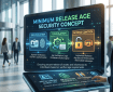 Screen reading “MINIMUM RELEASE AGE SECURITY CONCEPT,” showing identification, calculation, access control, digital ID verification, age verification logic, authorized release, digital content access (18+), age-restricted products (21+), and youth programs (13–17).